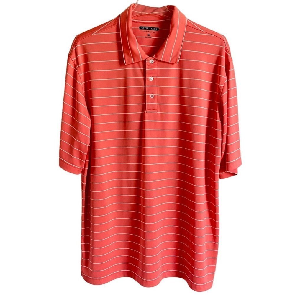 Cypress Club Performance Orange White Striped Polyester Polo Shirt Mens XL